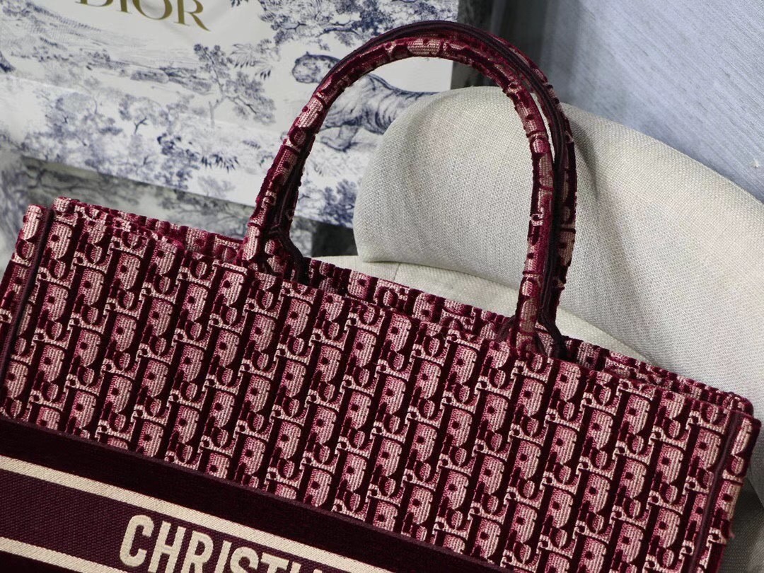 Dior Large Book Tote In Bordeaux Oblique Embroidered Velvet 701