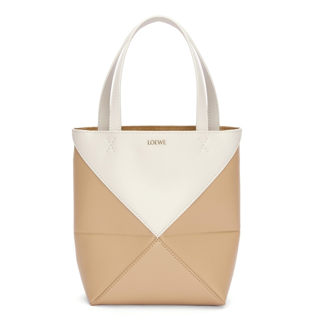 Loewe Mini Puzzle Fold Tote Bag in White/Beige Calfskin 113