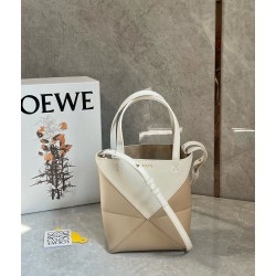 Loewe Mini Puzzle Fold Tote Bag in White/Beige Calfskin 113