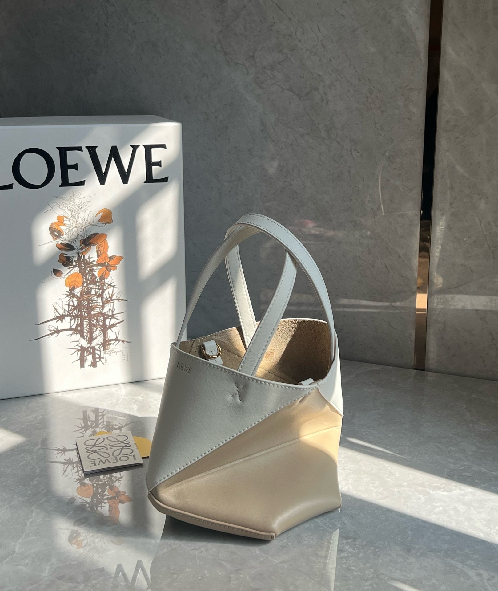 Loewe Mini Puzzle Fold Tote Bag in White/Beige Calfskin 113