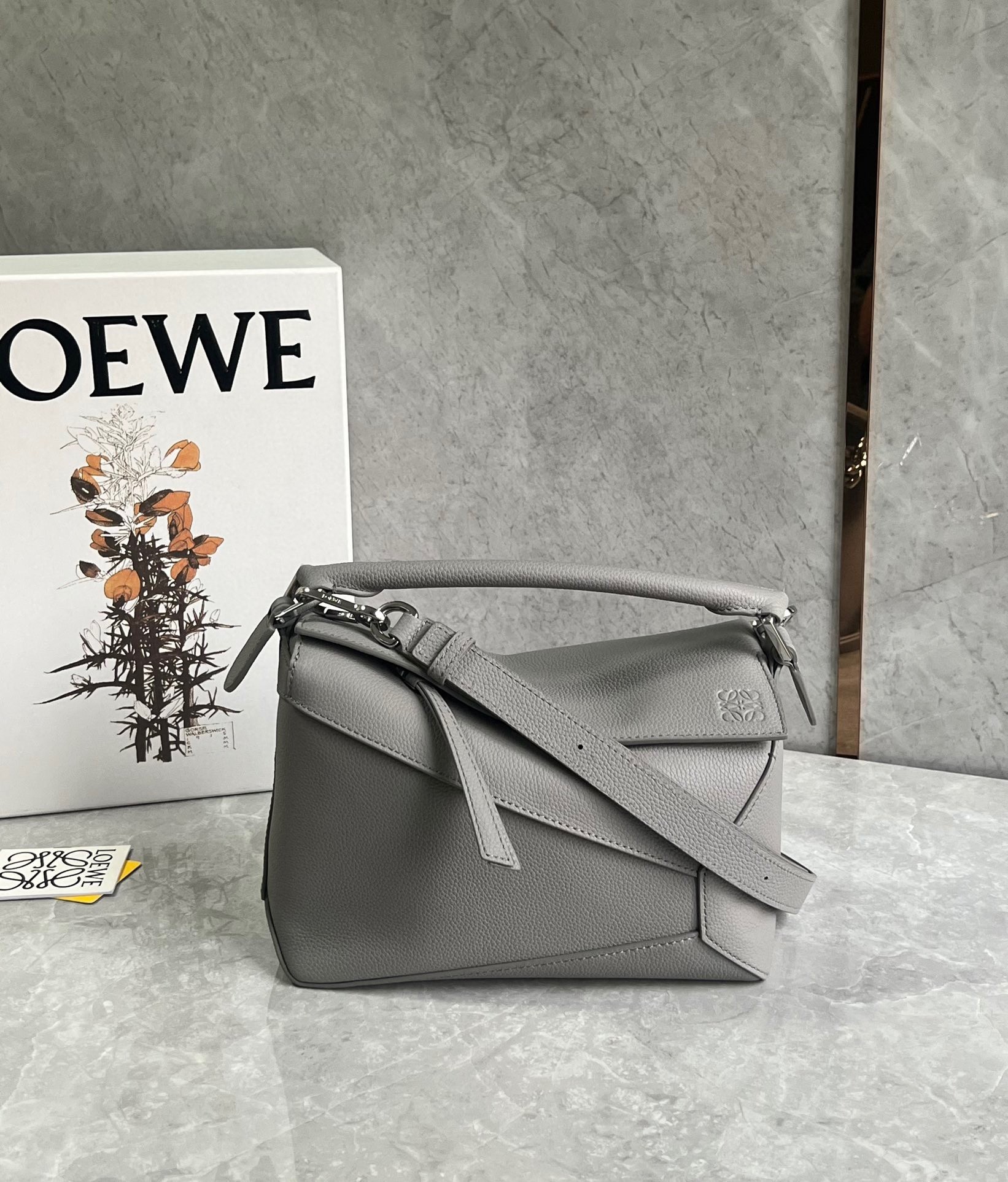 Loewe Puzzle Small Bag In Pearl Grey Grained Leather 938