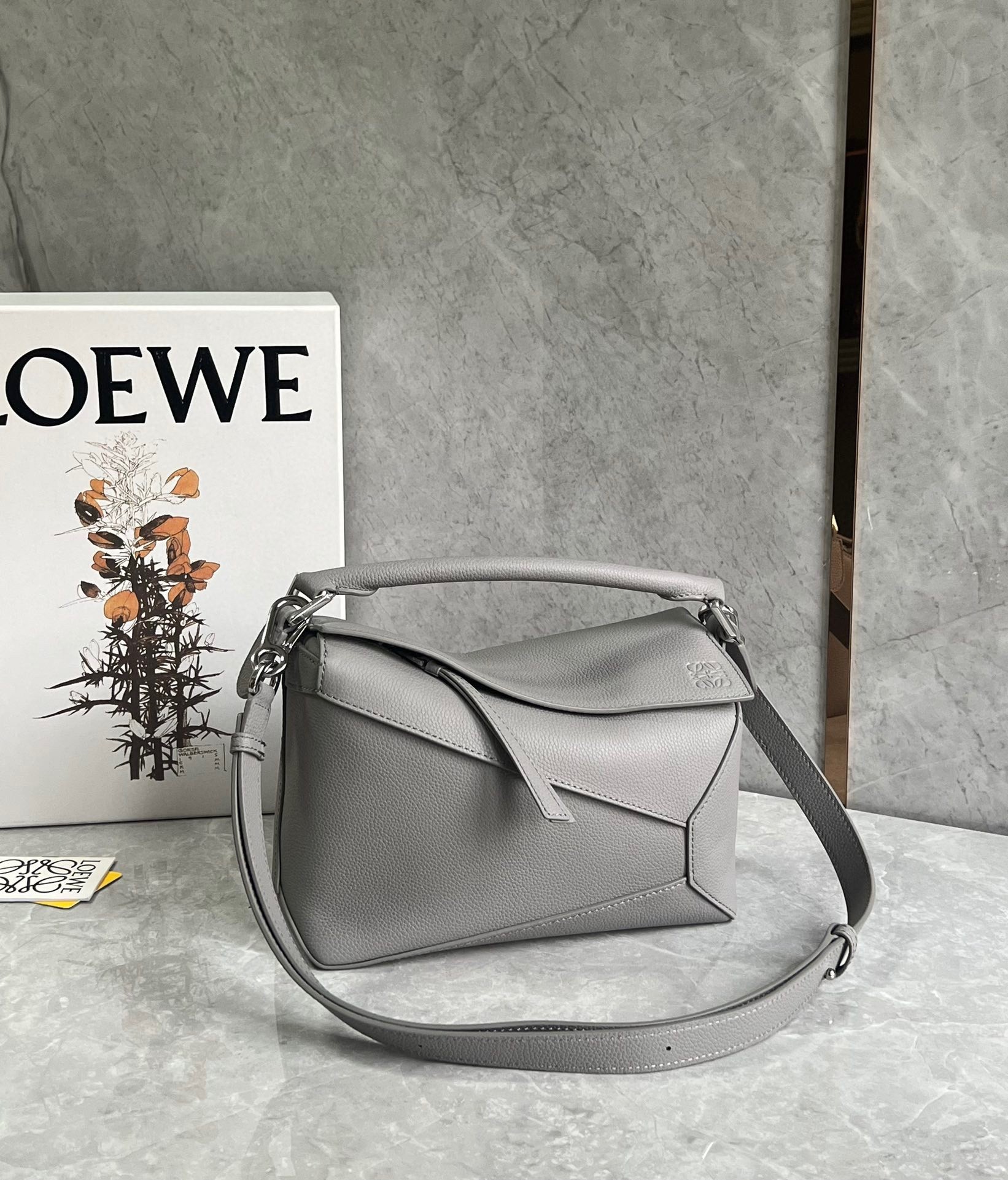 Loewe Puzzle Small Bag In Pearl Grey Grained Leather 938