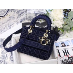 Dior Medium Lady D-Lite Bag In Blue Embroidered Velvet 491