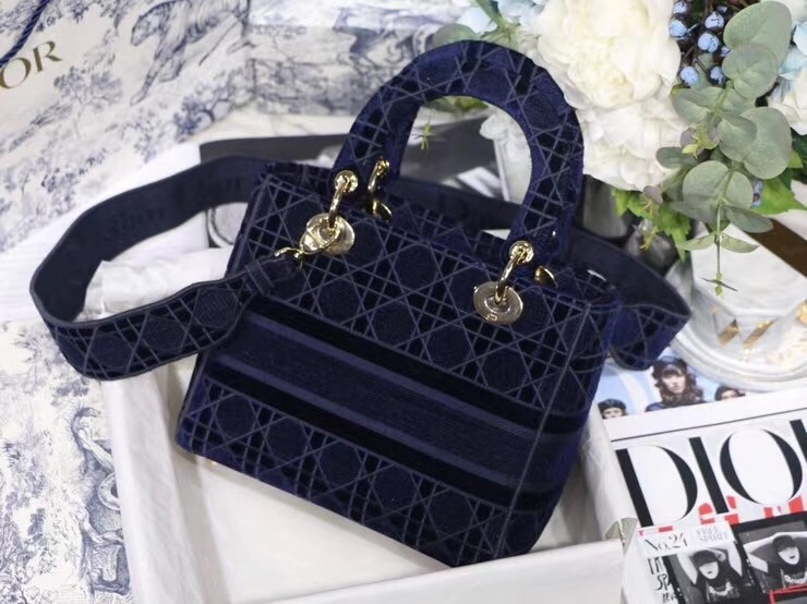 Dior Medium Lady D-Lite Bag In Blue Embroidered Velvet 491