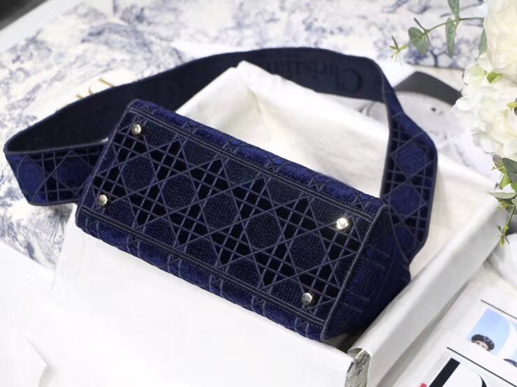 Dior Medium Lady D-Lite Bag In Blue Embroidered Velvet 491