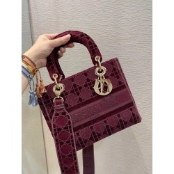 Dior Medium Lady D-Lite Bag In Bordeaux Embroidered Velvet 524