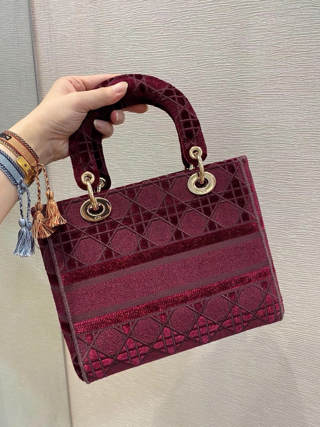 Dior Medium Lady D-Lite Bag In Bordeaux Embroidered Velvet 524