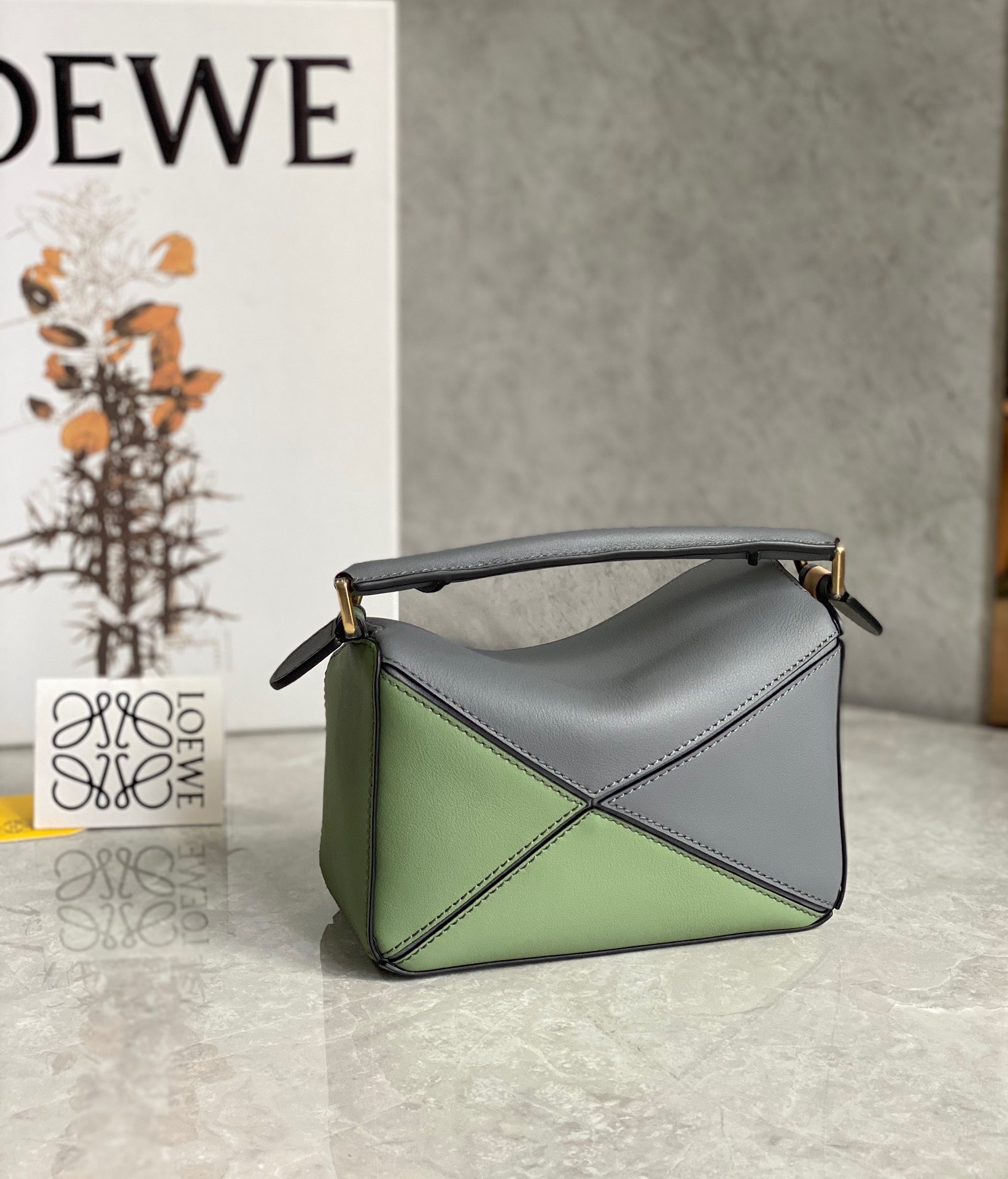 Loewe Puzzle Mini Bag In Asphalt Grey/Nude/Green Calfskin 744