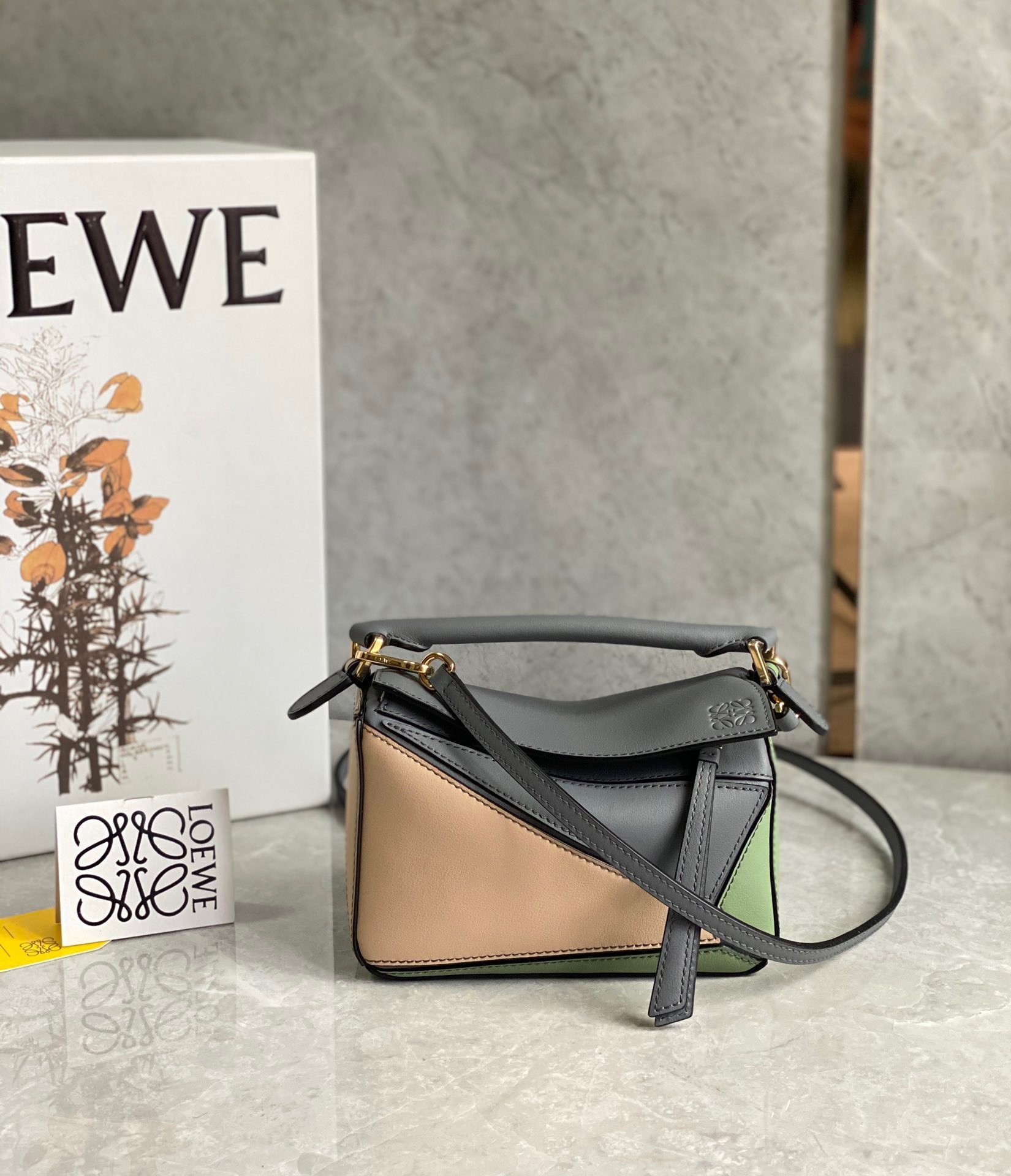 Loewe Puzzle Mini Bag In Asphalt Grey/Nude/Green Calfskin 744