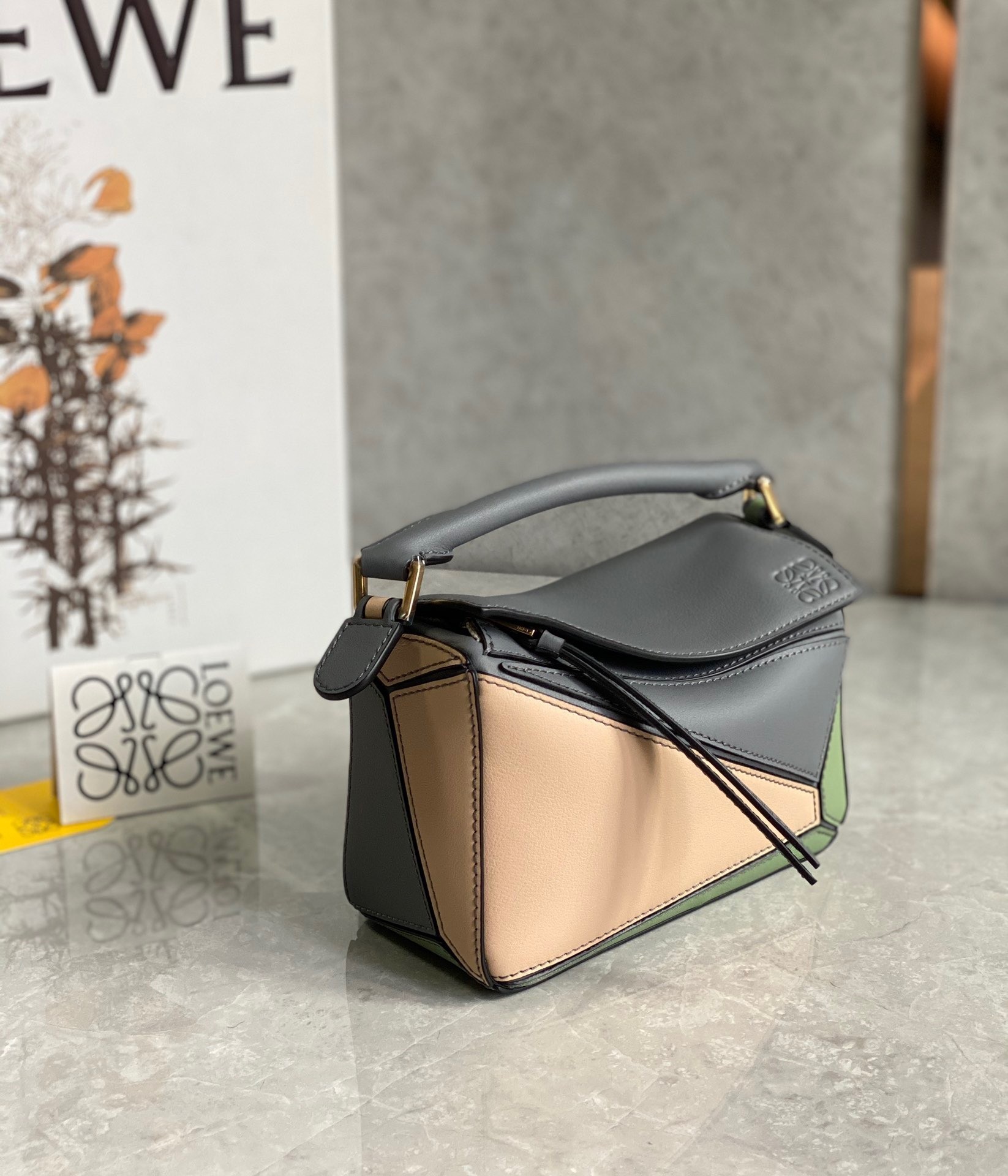 Loewe Puzzle Mini Bag In Asphalt Grey/Nude/Green Calfskin 744