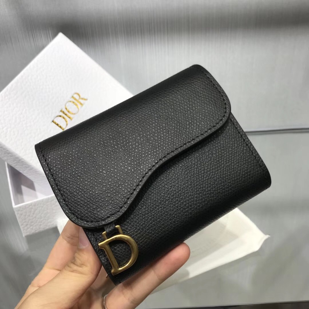 Dior Mini Saddle Tri-Fold Wallet In Black Calfskin 710
