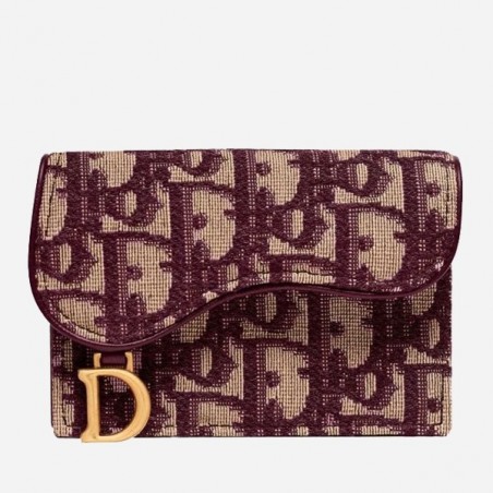 Dior Mini Saddle Tri-Fold Wallet In Bordeaux Oblique Canvas 448