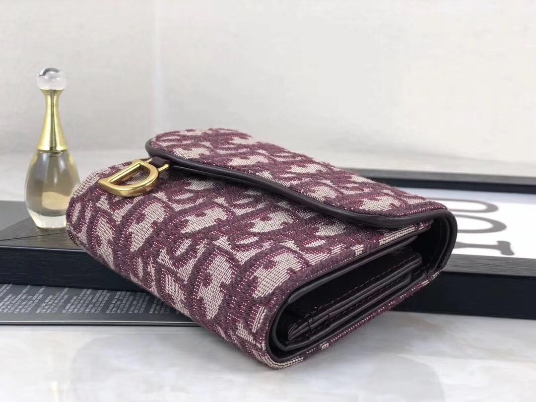 Dior Mini Saddle Tri-Fold Wallet In Bordeaux Oblique Canvas 448