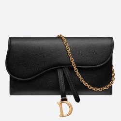 Dior Saddle Chain Wallet In Black Grained Leather 485