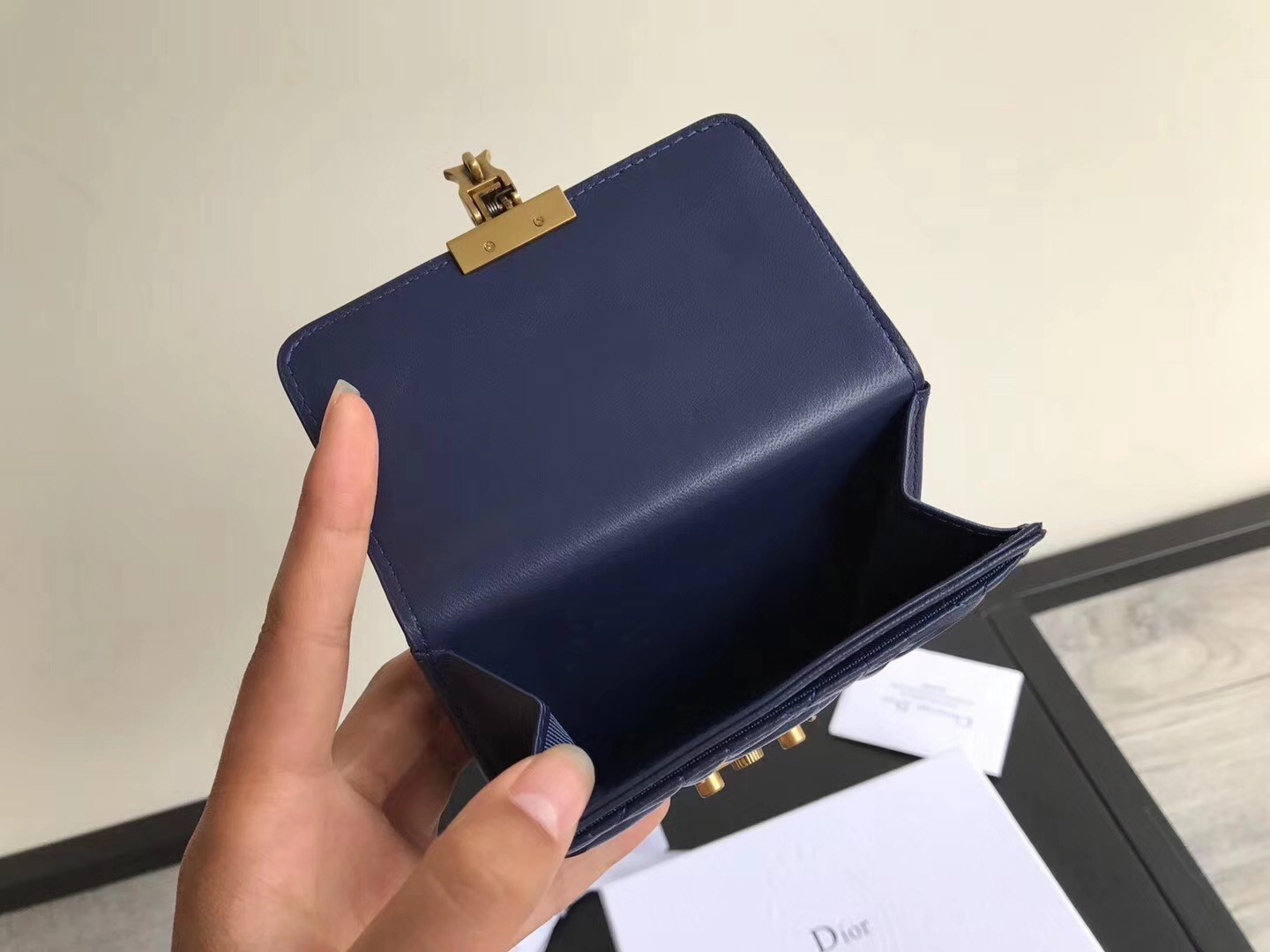 Dior French DiorAddict Wallet In Navy Blue Lambskin 795