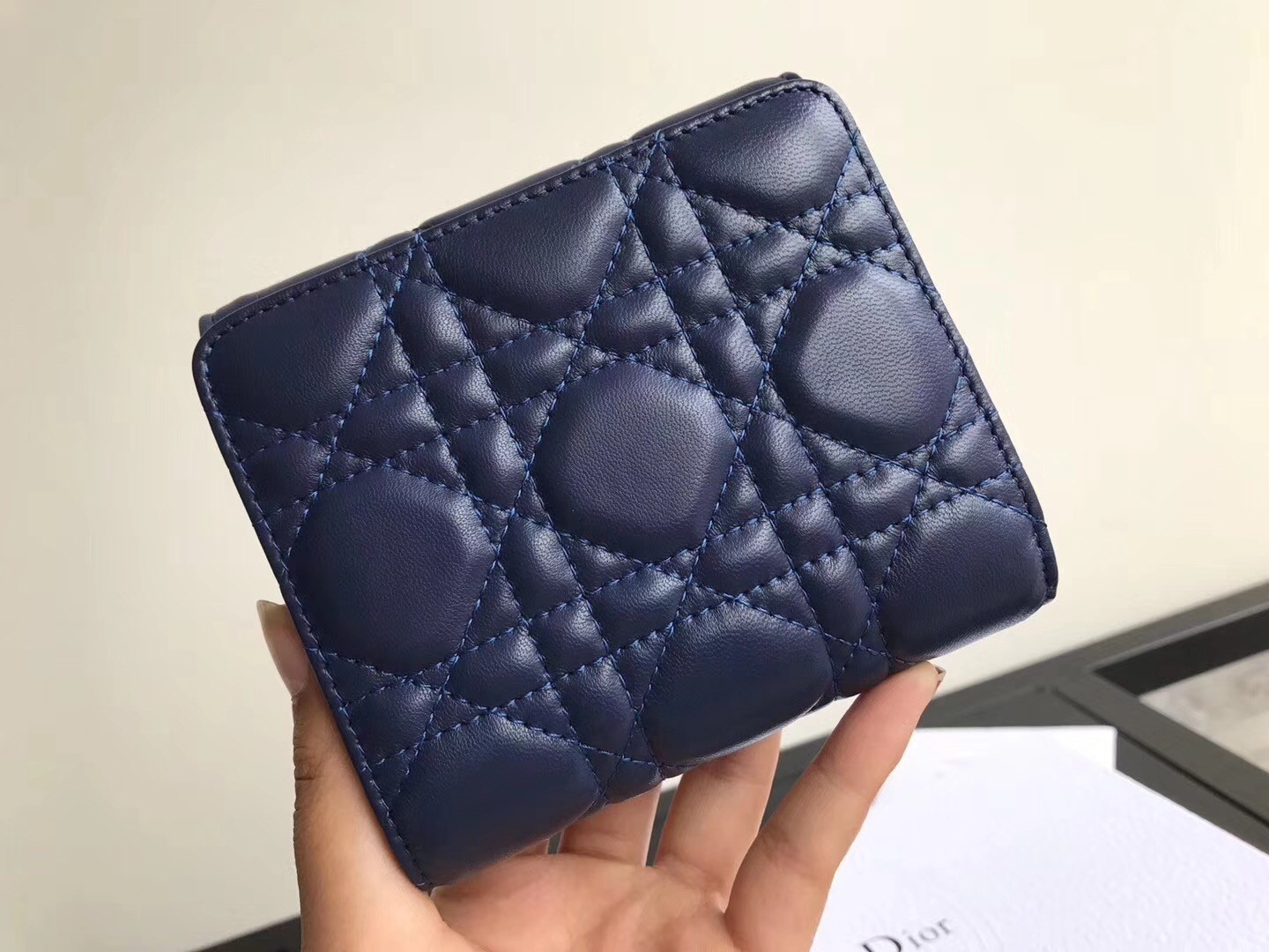 Dior French DiorAddict Wallet In Navy Blue Lambskin 795