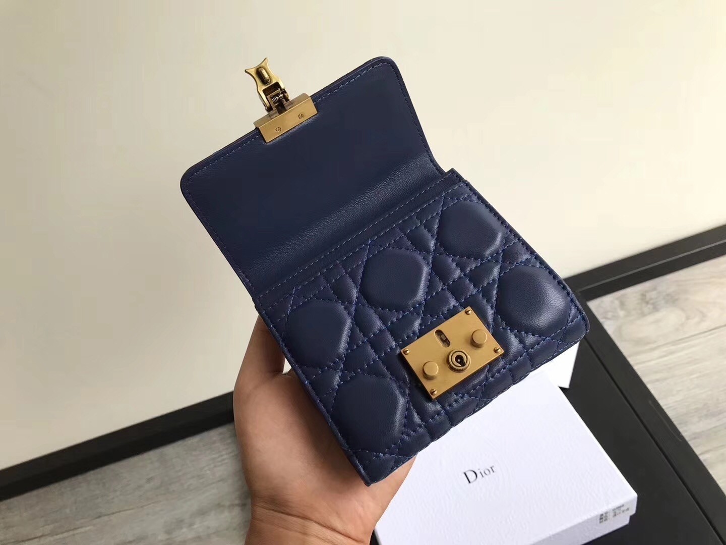 Dior French DiorAddict Wallet In Navy Blue Lambskin 795