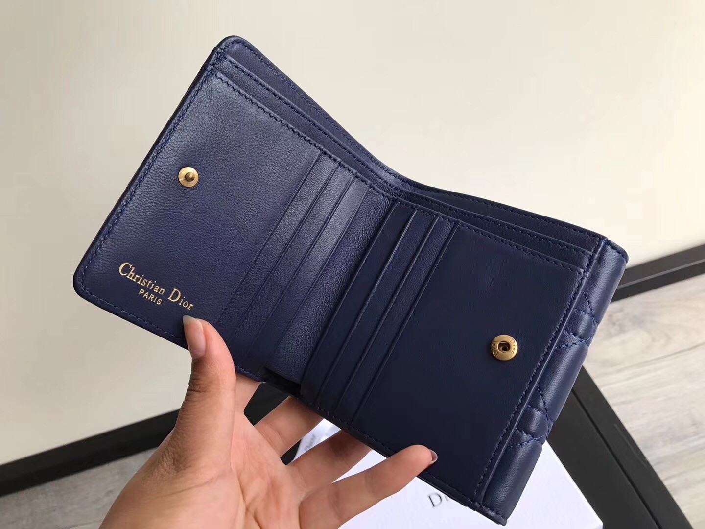 Dior French DiorAddict Wallet In Navy Blue Lambskin 795