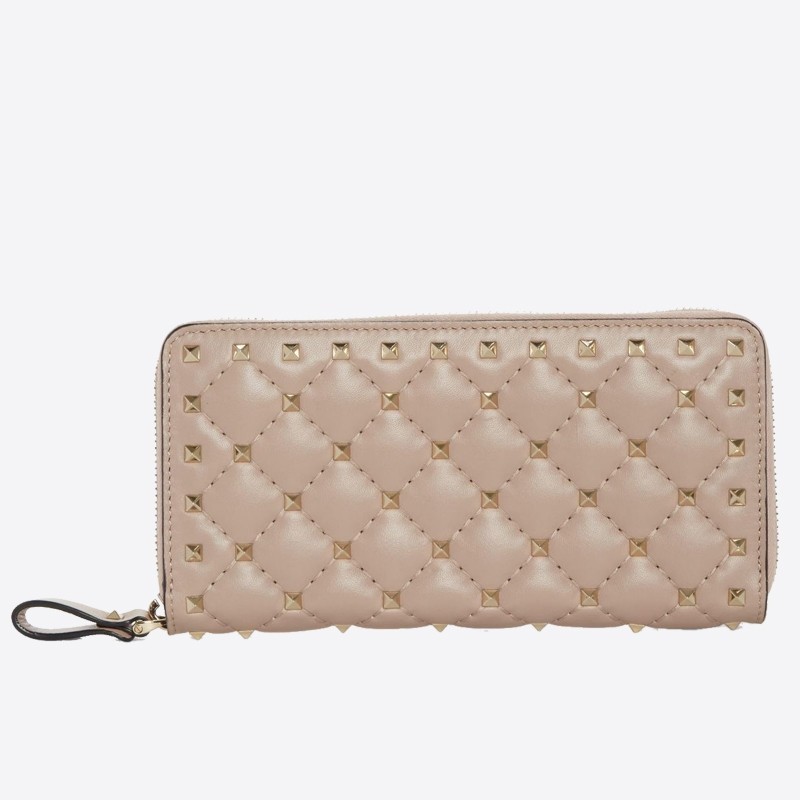 Valentino Rockstud Spike Zip Wallet In Pastel Pink Lambskin 805