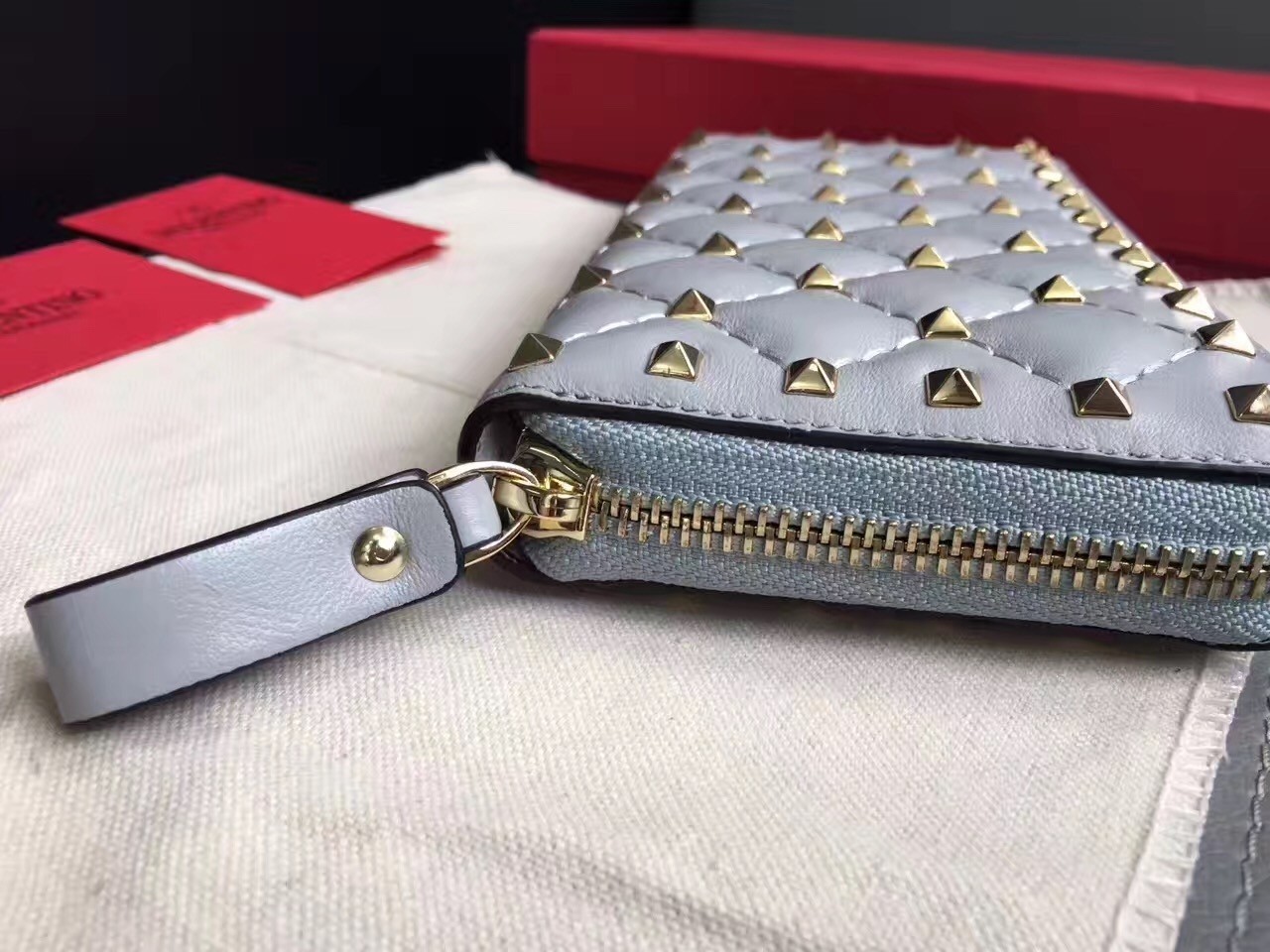 Valentino Rockstud Spike Zip Wallet In Sky Blue Lambskin 342