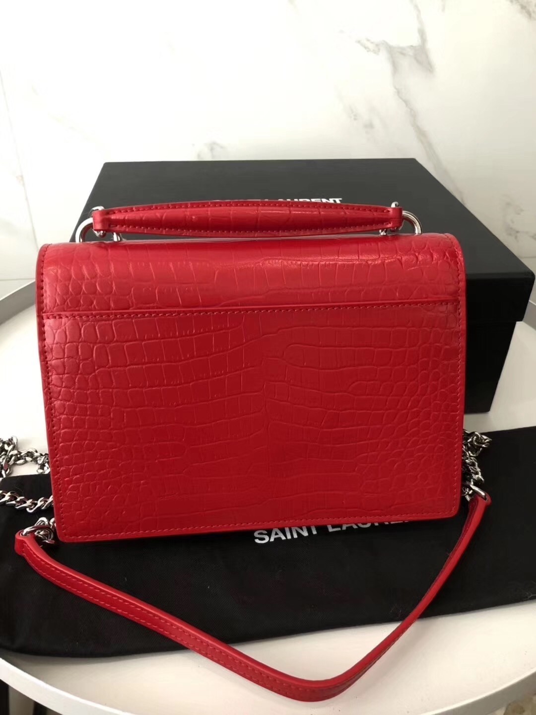 Saint Laurent WOC Sunset Chain Wallet In Red Croc-Embossed Leather 397