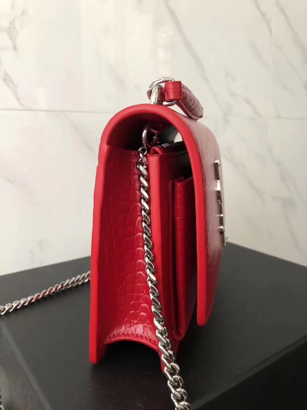 Saint Laurent WOC Sunset Chain Wallet In Red Croc-Embossed Leather 397