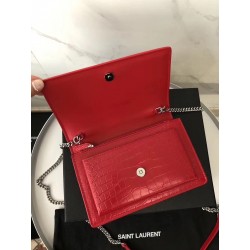 Saint Laurent WOC Sunset Chain Wallet In Red Croc-Embossed Leather 397