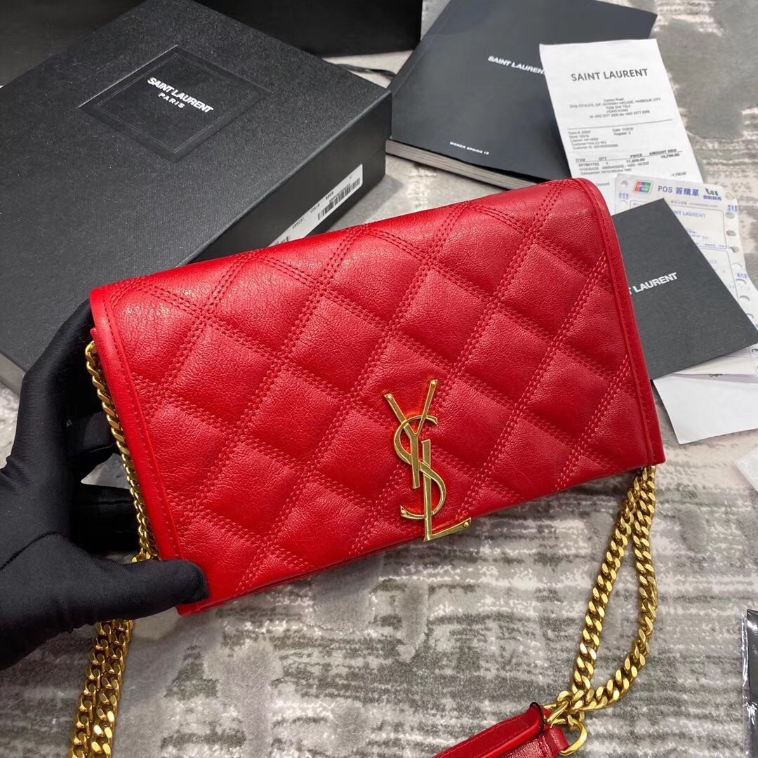 Saint Laurent WOC Becky Chain Wallet In Red Lambskin 646