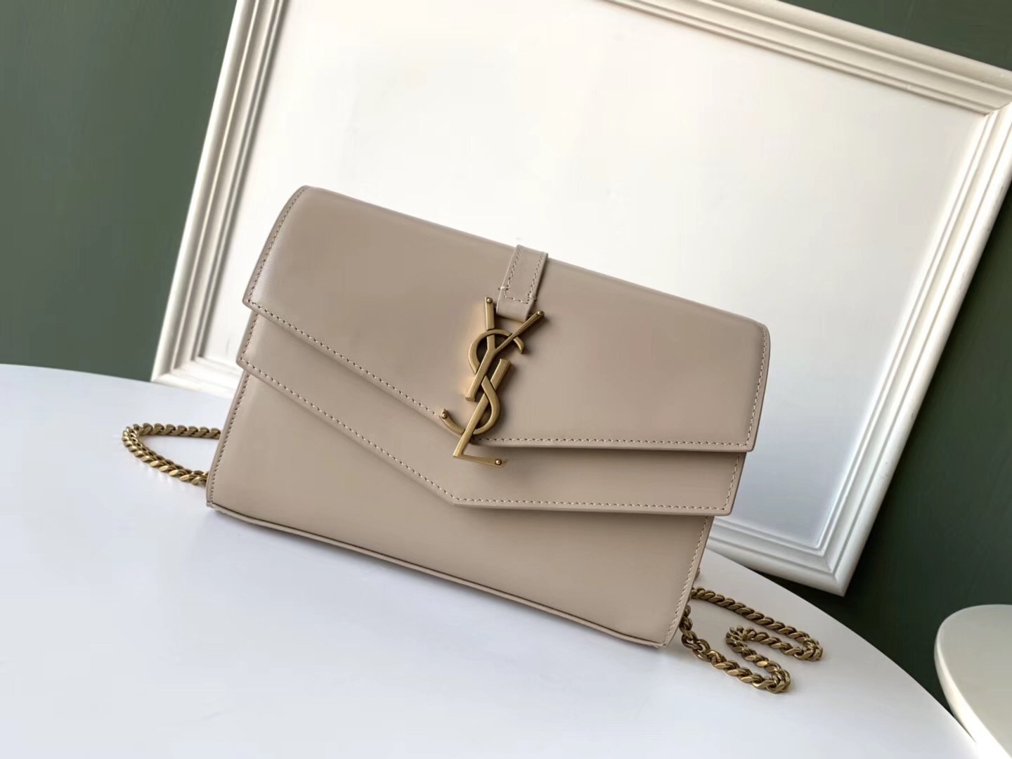 Saint Laurent WOC Sulpice Chain Wallet In Beige Calfskin 616