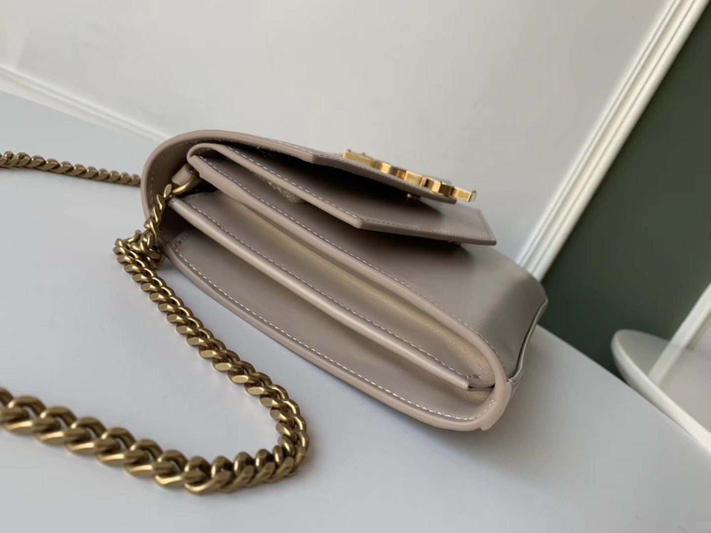 Saint Laurent WOC Sulpice Chain Wallet In Beige Calfskin 616