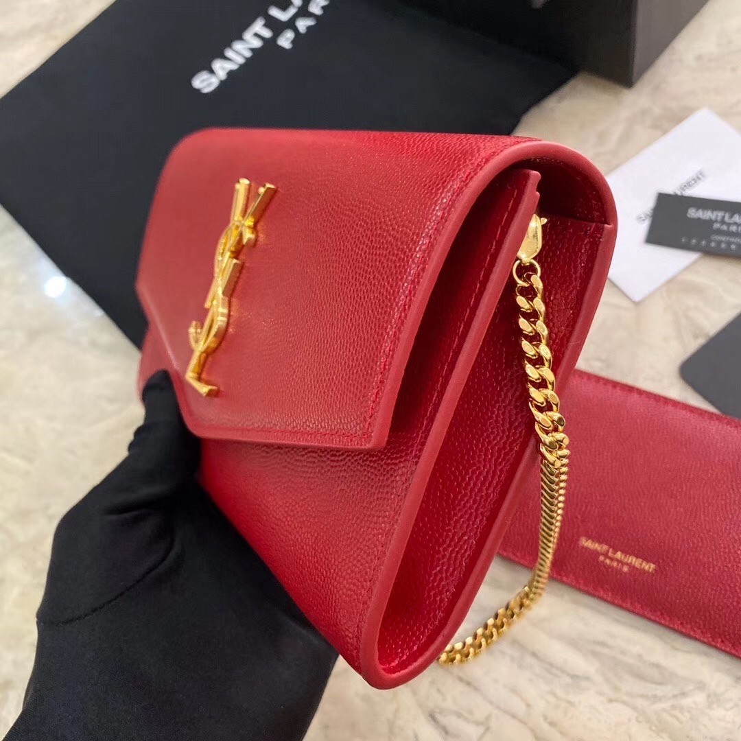 Saint Laurent WOC Uptown Chain Wallet In Red Leather 234