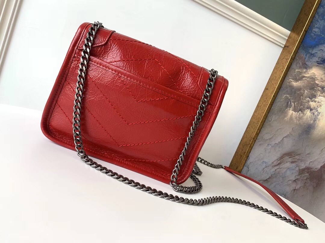 Saint Laurent WOC Niki Chain Wallet In Red Crinkled Leather 725