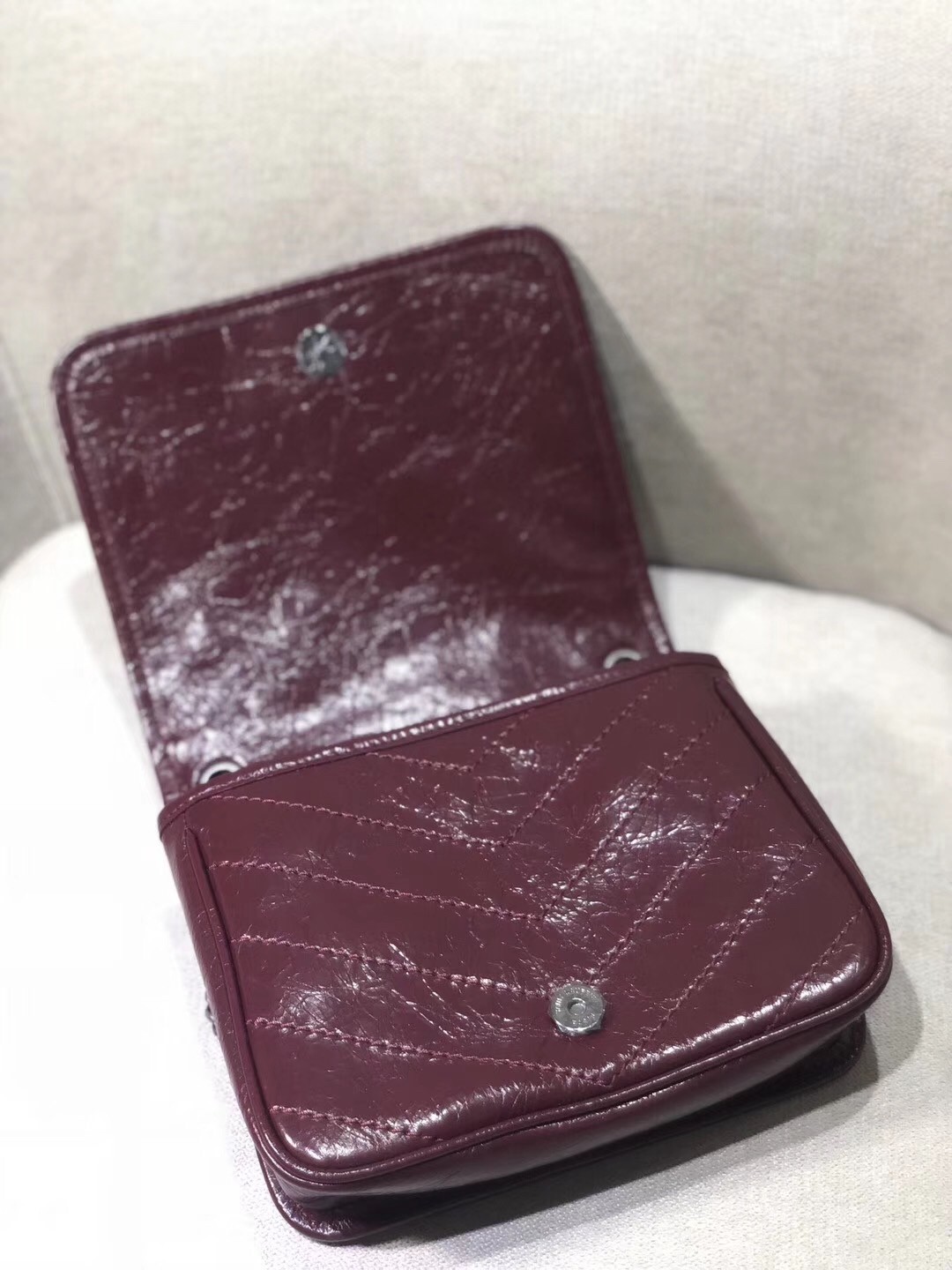 Saint Laurent WOC Niki Chain Wallet In Bordeaux Crinkled Leather 883