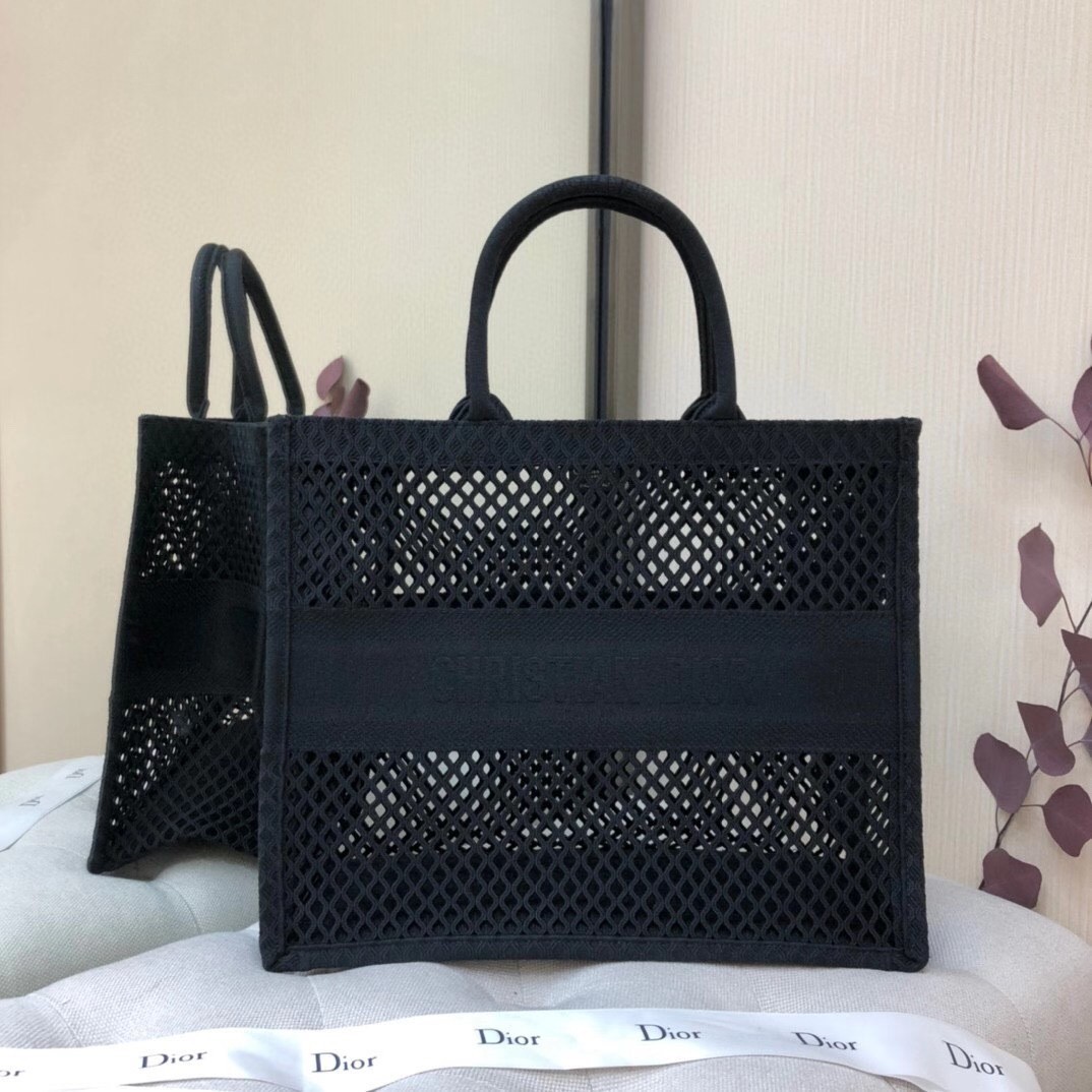 Dior Book Tote Bag In Black Mesh Embroidery 996