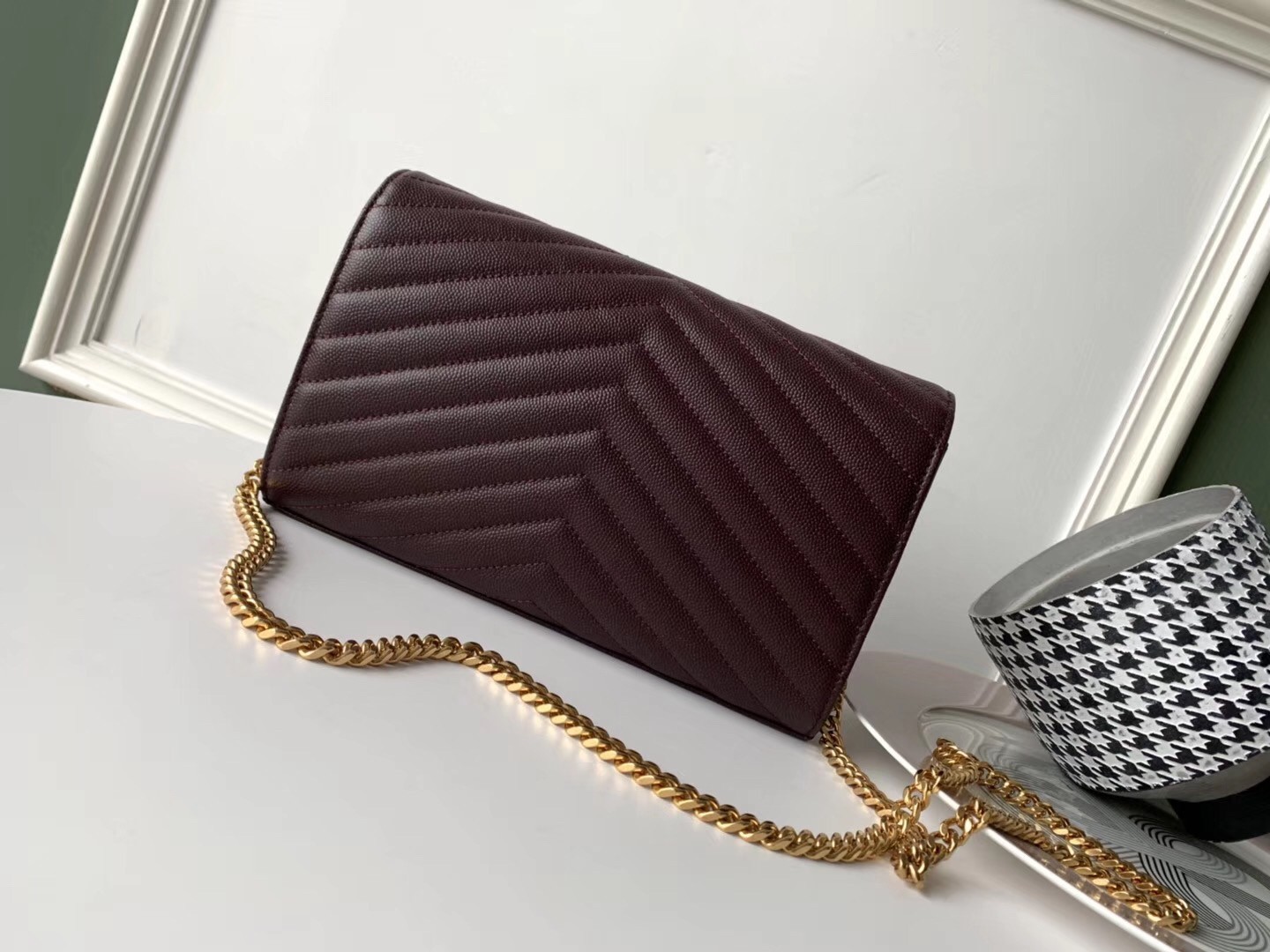 Saint Laurent WOC Monogram Chain Wallet In Bordeaux Leather 476