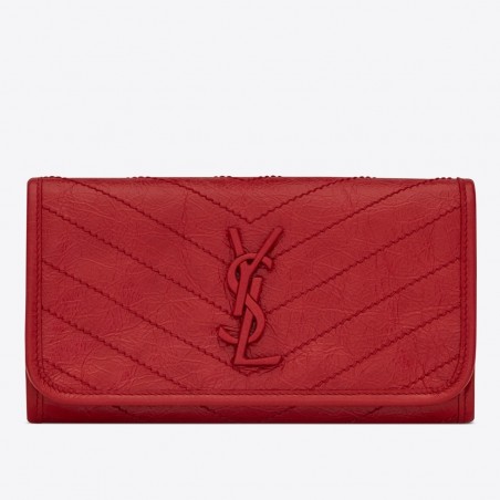 Saint Laurent Niki Large Wallet In Red Crinkled Vintage Leather 757