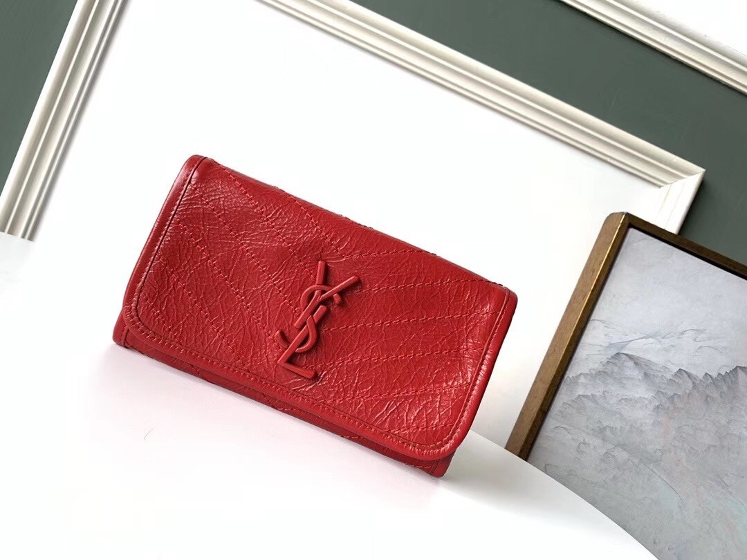 Saint Laurent Niki Large Wallet In Red Crinkled Vintage Leather 757