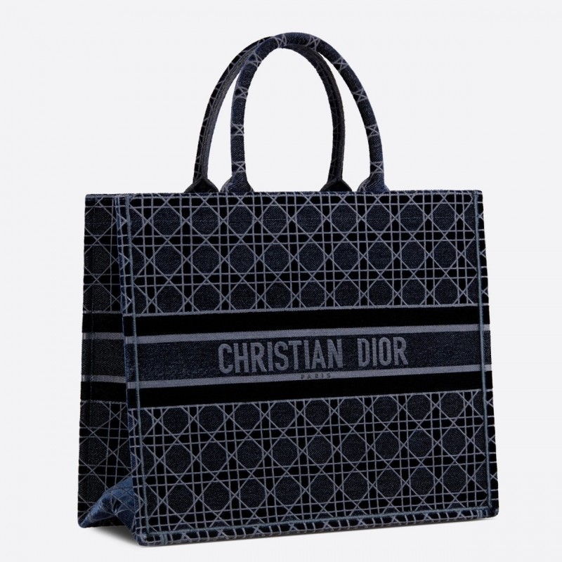 Dior Book Tote Bag In Blue Cannage Embroidered Velvet 030