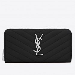 Saint Laurent Monogram Zip Around Wallet In Noir Grained Leather 677