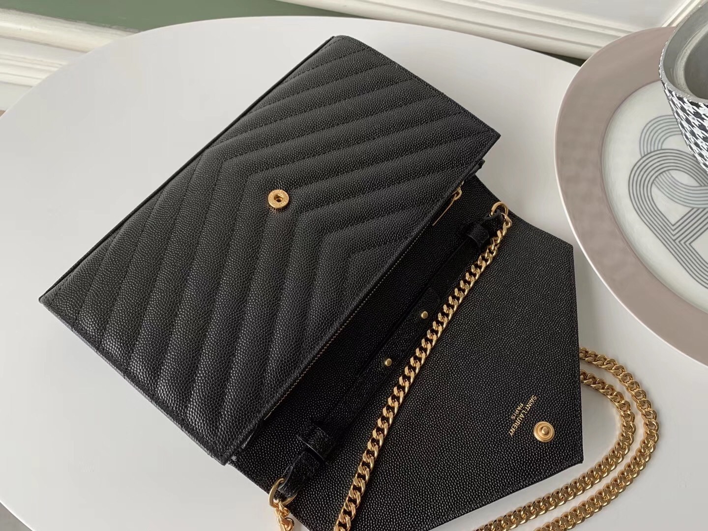 Saint Laurent WOC Monogram Chain Wallet In Black Leather 006