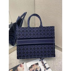 Dior Book Tote Bag In Blue Cannage Embroidered Velvet 030