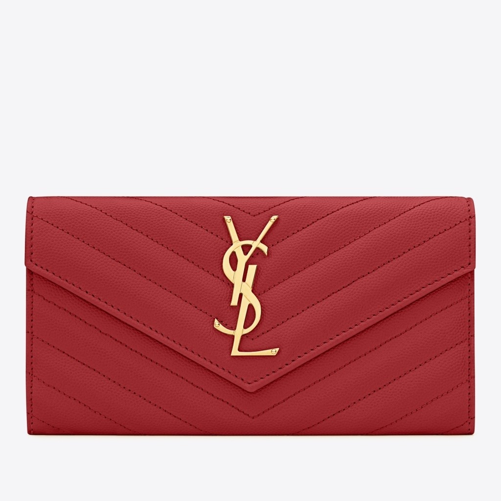 Saint Laurent Large Monogram Flap Wallet In Red Grained Leather 701