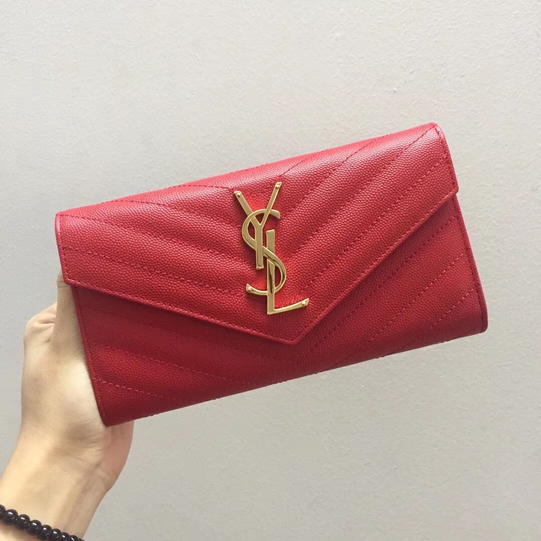 Saint Laurent Large Monogram Flap Wallet In Red Grained Leather 701