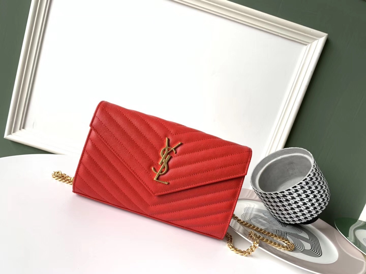 Saint Laurent WOC Monogram Chain Wallet In Red Leather 265