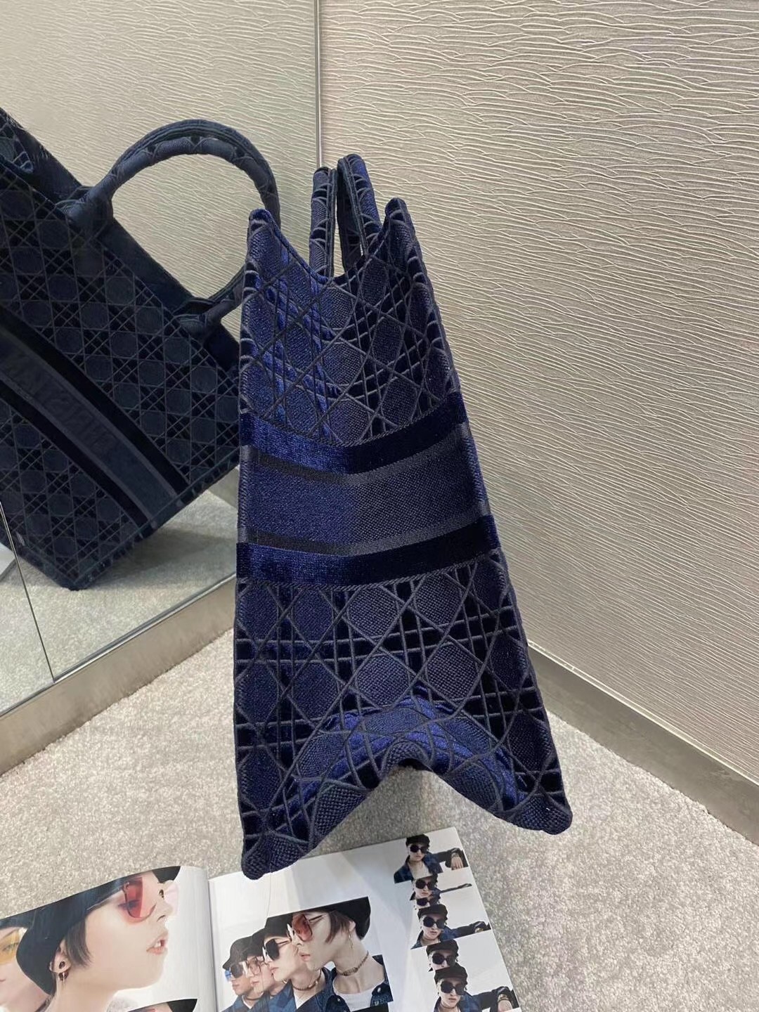 Dior Book Tote Bag In Blue Cannage Embroidered Velvet 030