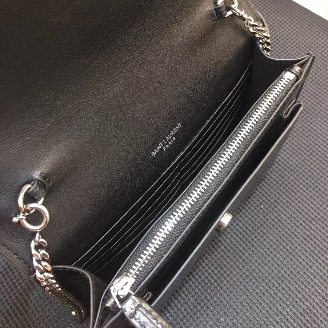 Saint Laurent WOC Sunset Chain Wallet In Black Croc-Embossed Leather 166