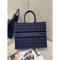 Dior Book Tote Bag In Blue Cannage Embroidered Velvet 030