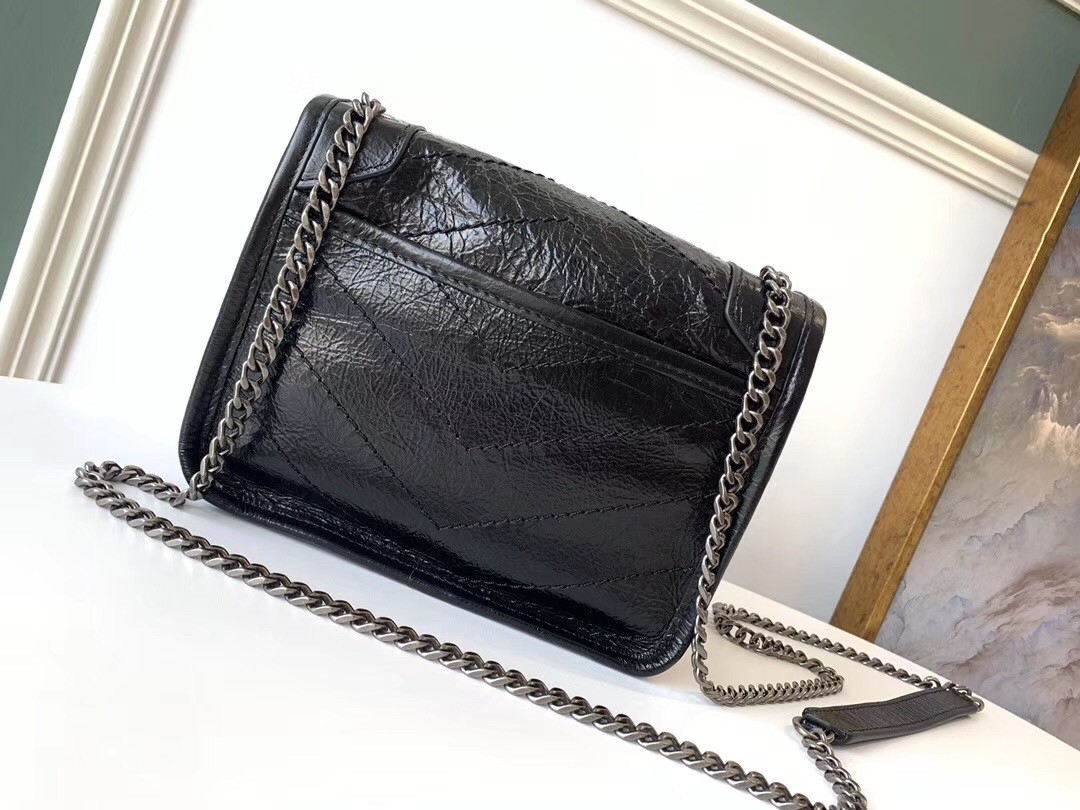 Saint Laurent WOC Niki Chain Wallet In Black Crinkled Leather 647