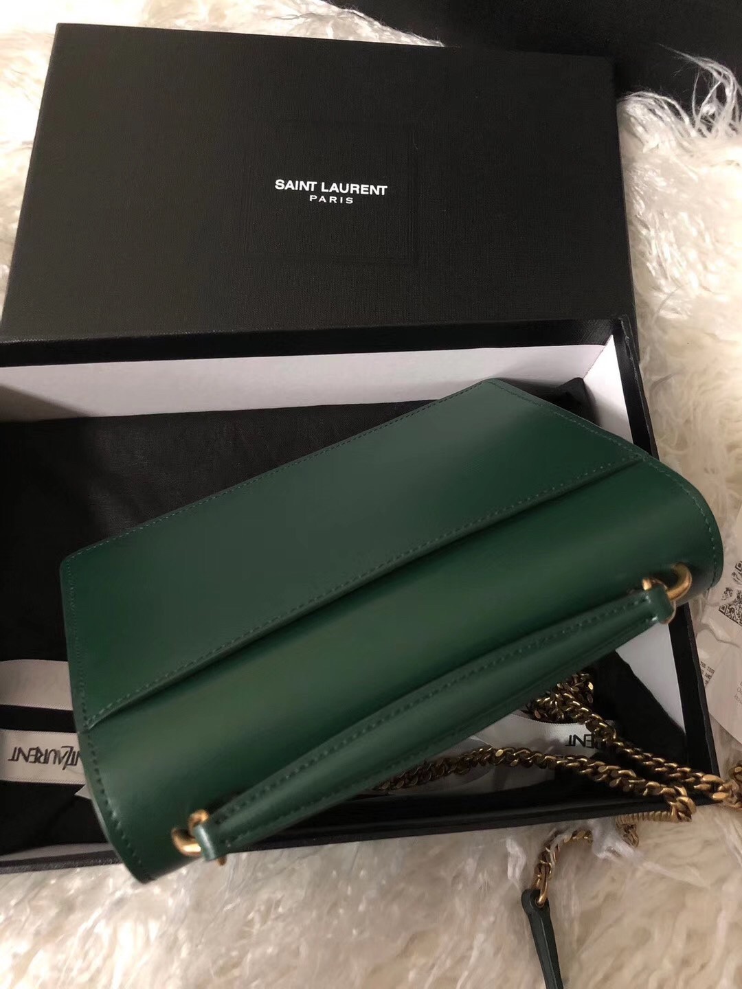 Saint Laurent WOC Sunset Chain Wallet In Green Calfskin 391