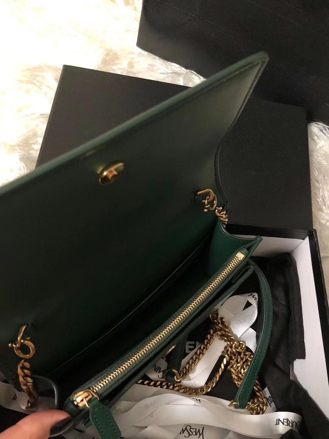 Saint Laurent WOC Sunset Chain Wallet In Green Calfskin 391